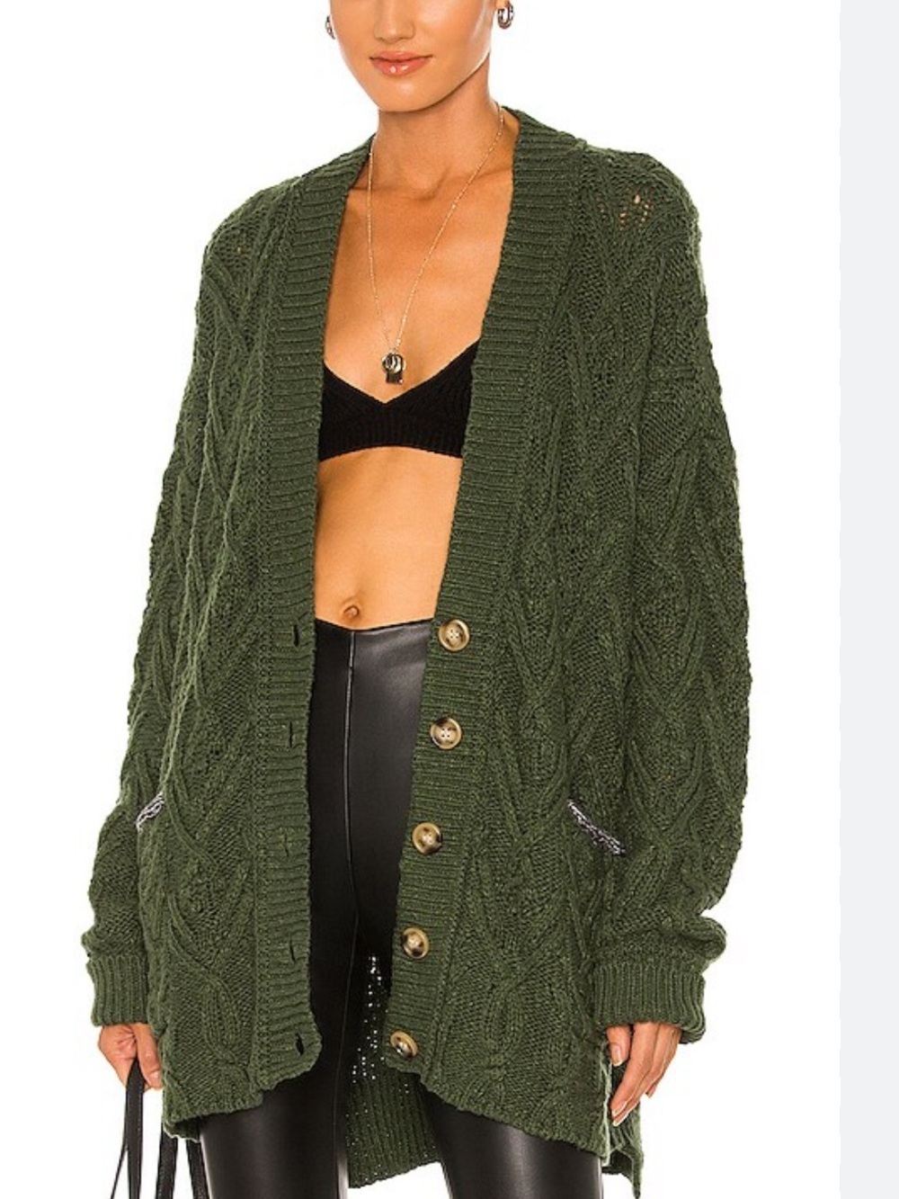 Free People Montana Cable Knit Cardigan Green Oversized XS